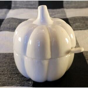 Ceramic pumpkin sugar bowl with spoon 3” Tall White Fall Thanksgiving Halloween